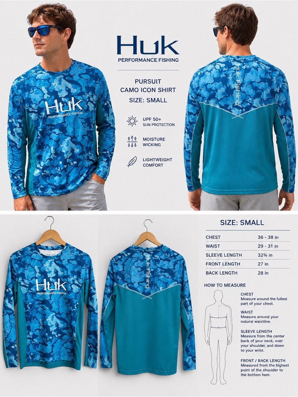 Huk Performance Fishing Long Sleeve Shirt Size Small | Blue Camo UPF